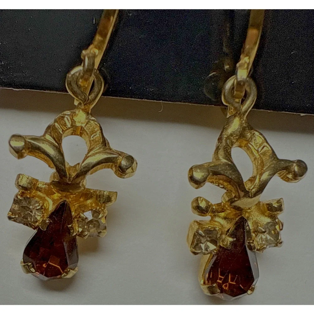 Vintage Austria Clip On Earrings Dangle Rhinestone Clear Brown Angel